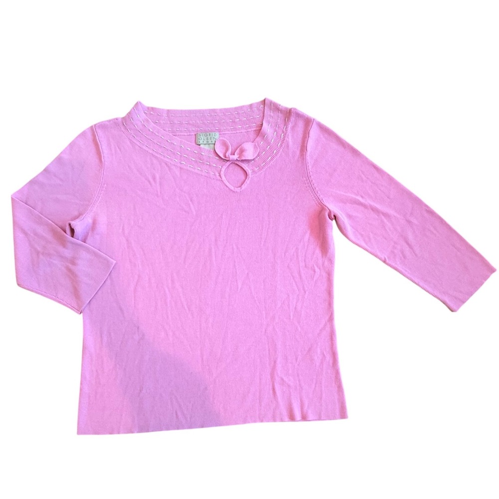Sigrid Olsen Orchid Pink Coquette Knit Top Bow Keyhole Neck 3/4 Sleeve Petite M